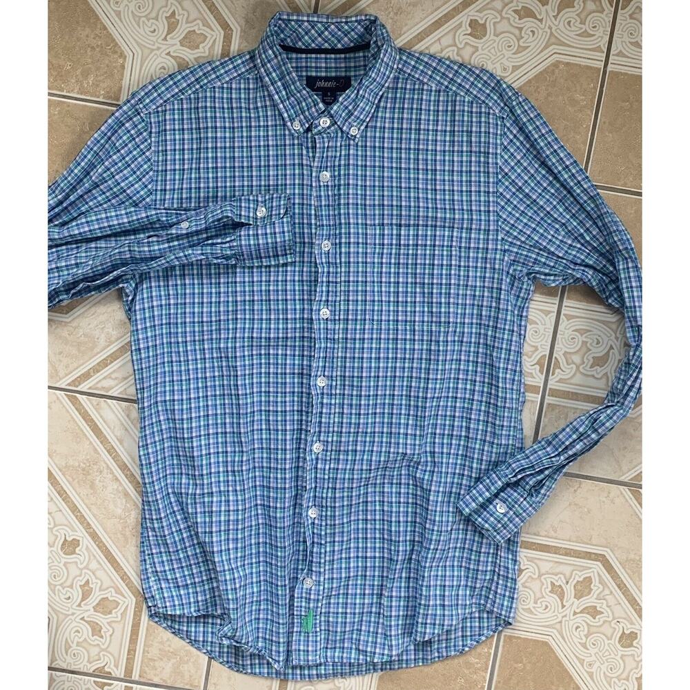 Johnnie-O Men's S Blue & Green Plaid L/S B/F‎ Cotton/Linen Shirt